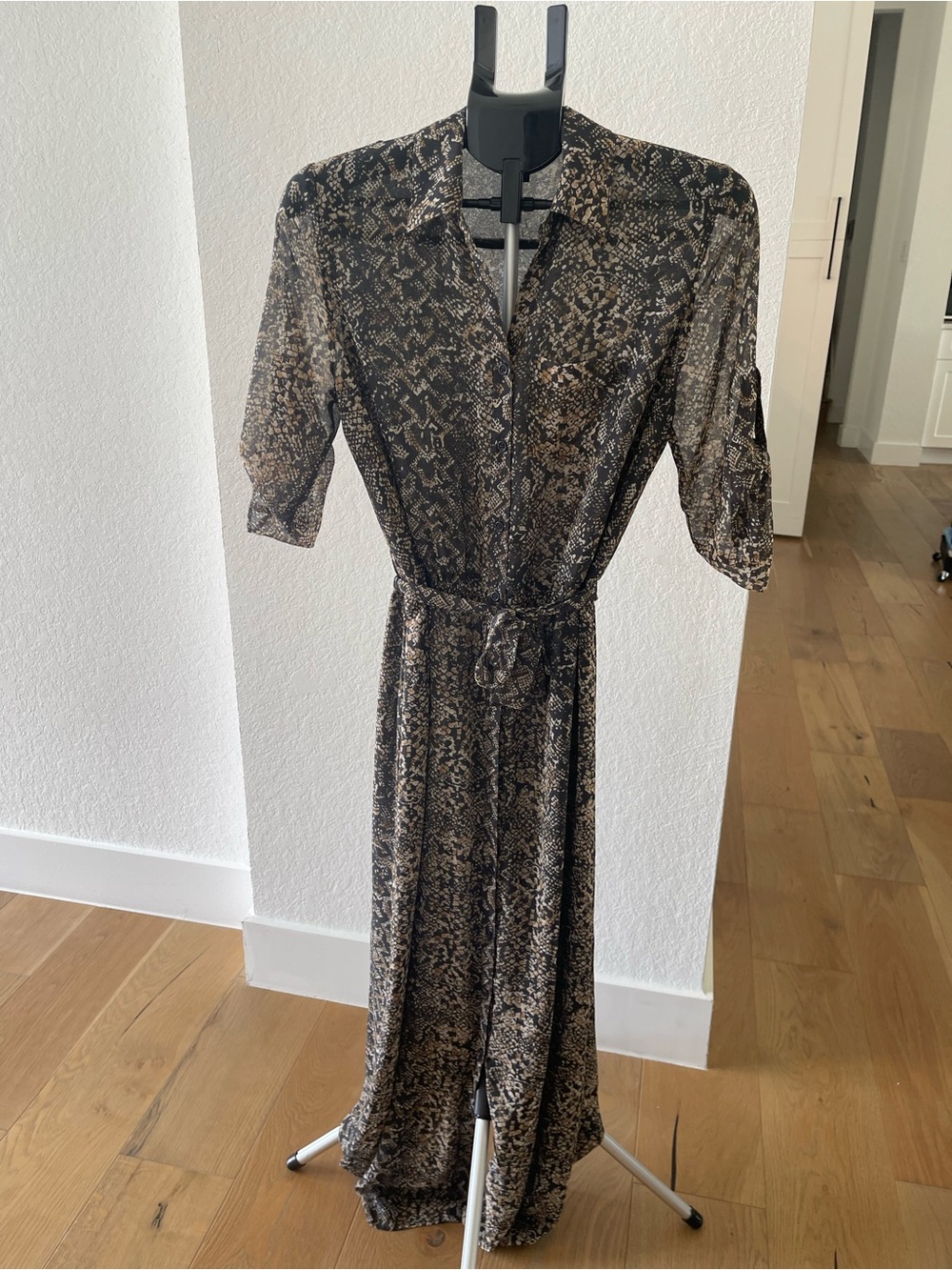 Sheer Snake-Print Shirt Dress with Waist Tie - Black/Brown